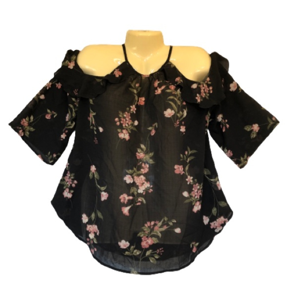 Jolt Exposed Shoulder Ruffle Front Floral Blouse